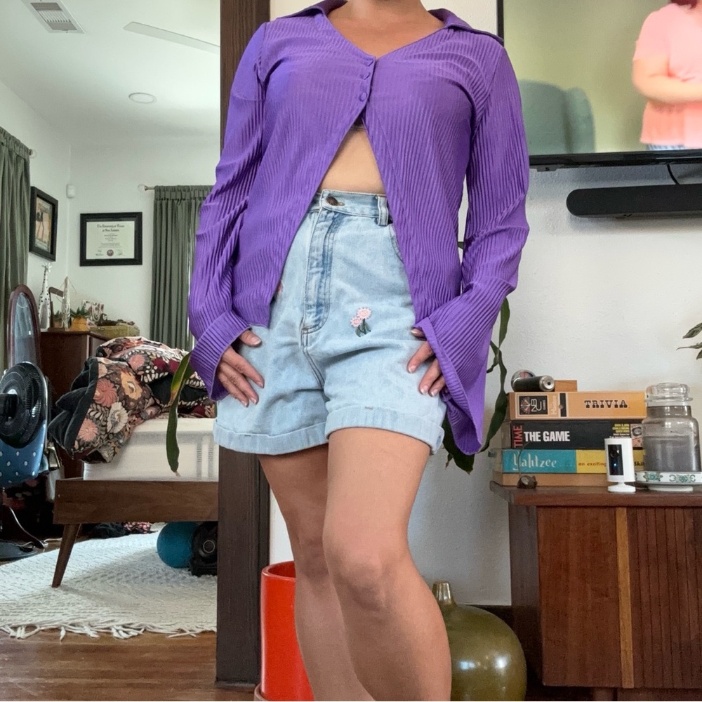 Retro Solid Purple Textured Cut Out Long Sleeve Collared Blouse